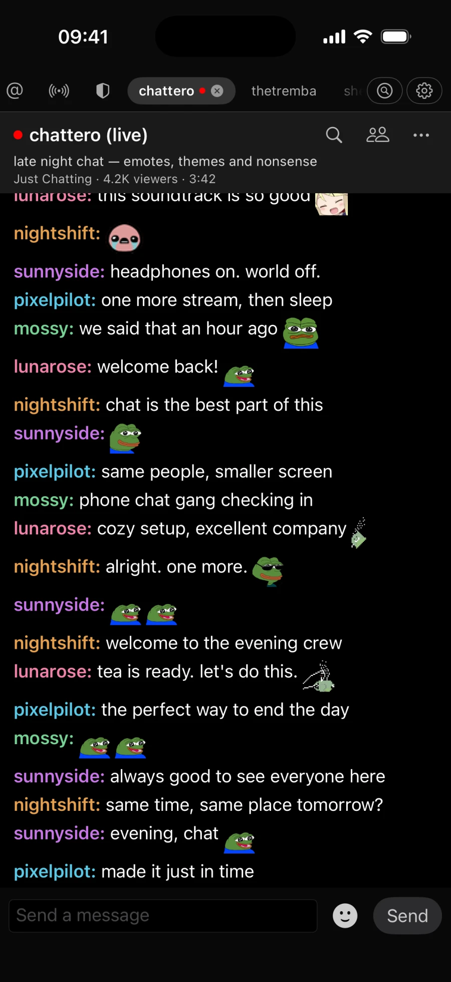 Chattero on iPhone with sample messages rendered by the real app, community emotes, and channel tabs.