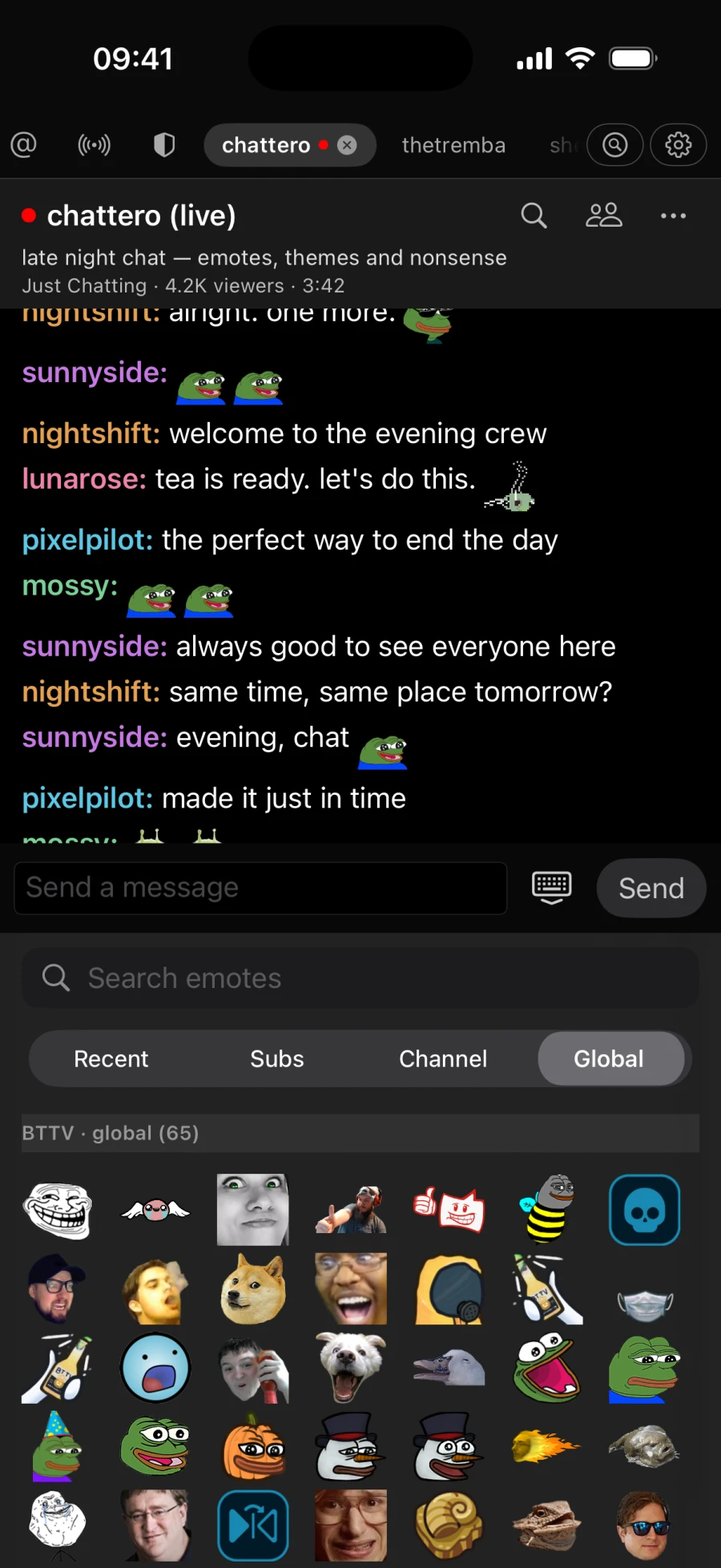The Chattero emote picker showing searchable community emotes.