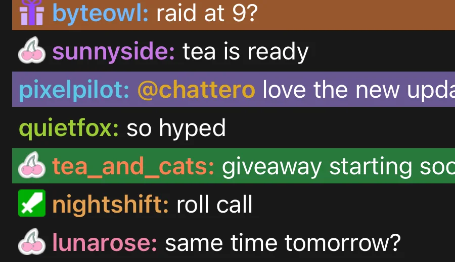 Chattero chat in the Dark theme with three highlighted rows: a message containing “raid” in orange, an @chattero mention in purple and a “giveaway” announcement in green.