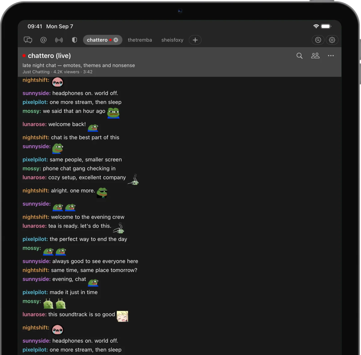 Chattero on iPad Pro showing the chattero channel with its live header, tabs and the sample conversation.