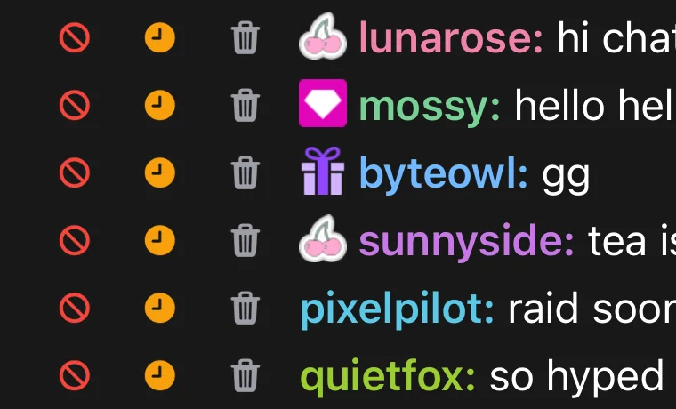 Chattero chat in moderation mode: every message row gets inline ban, 5-minute timeout and delete buttons with custom icons next to the username.