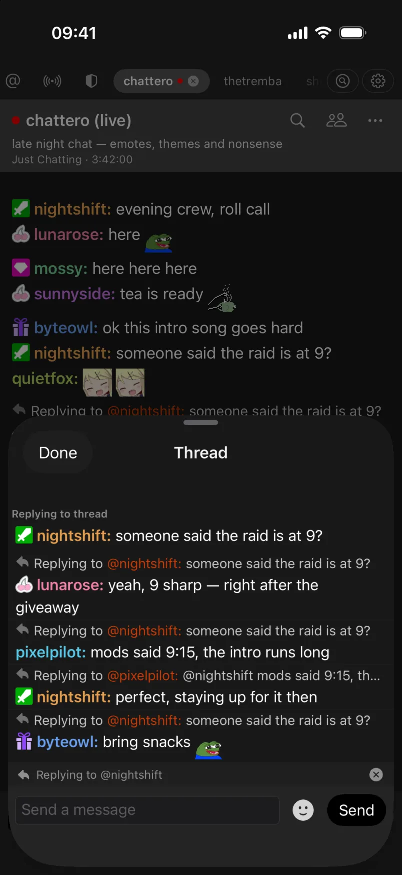 Chattero’s thread sheet over the chat: the root message “someone said the raid is at 9?” and the replies to it, each with a “Replying to” header.